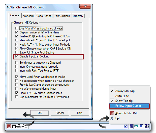 Enable/disable njstar communicator inputbar docking
