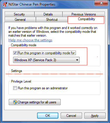 Set NJStar Chinese Pen compatibility to Windows XP SP3